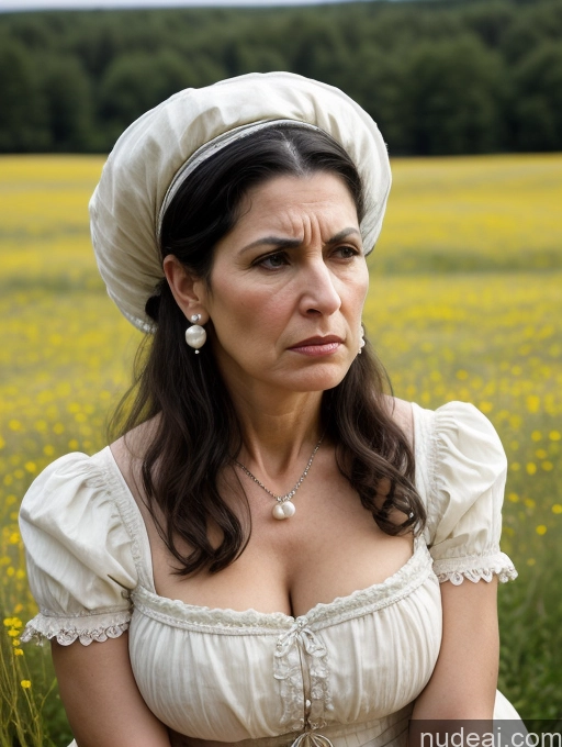 ai nude image of woman in a white dress and bonnet sitting in a field pics of Milf Huge Boobs Skinny Short 50s Angry Shocked Black Hair Hair Bun Jewish Front View Dress Traditional Victorian Pearl Jewelry Meadow