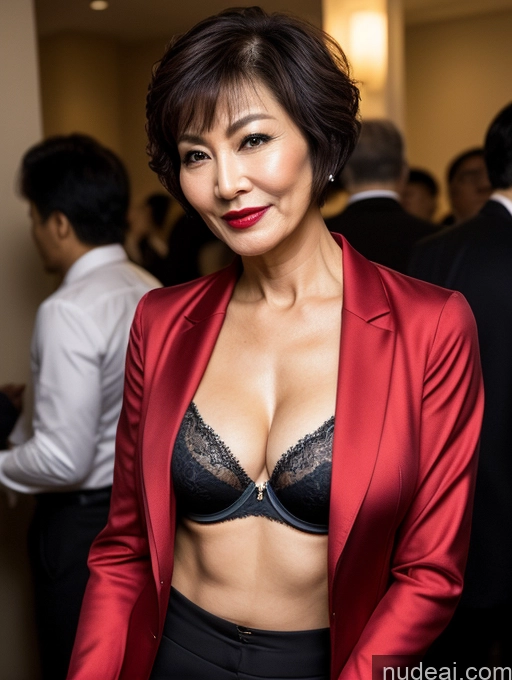 ai nude image of there is a woman in a red jacket and black pants pics of Milf Perfect Boobs Beautiful Lipstick Perfect Body Short Hair 60s Chinese Bra Jacket Professor Secretary Stylish Suit Dark Lighting Detailed Sexy Face Party