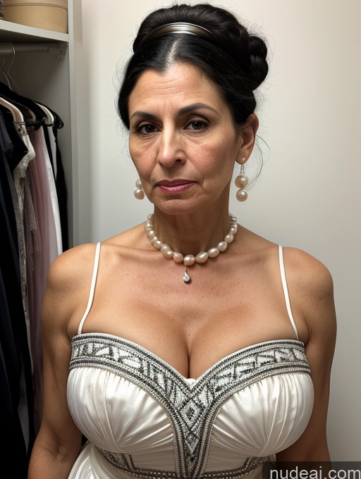 ai nude image of there is a woman in a white dress posing for a picture pics of Milf Huge Boobs Skinny Short 50s Angry Shocked Black Hair Hair Bun Jewish Front View Dress Traditional Victorian Pearl Jewelry Changing Room