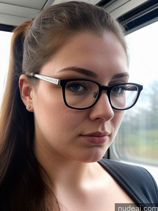 ai nude image of there is a woman wearing glasses looking out the window pics of Thick Chubby 18 Serious Black Hair Russian Train Detailed Fairer Skin Glasses Blouse Jeans Cumshot Close-up View Ponytail