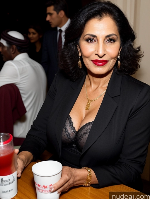 ai nude image of woman in black jacket sitting at a table with a cup of drink pics of Milf Perfect Boobs Beautiful Lipstick Perfect Body Bra Jacket Professor Secretary Stylish Suit Dark Lighting Detailed Sexy Face Party 70s Arabic Dark Skin