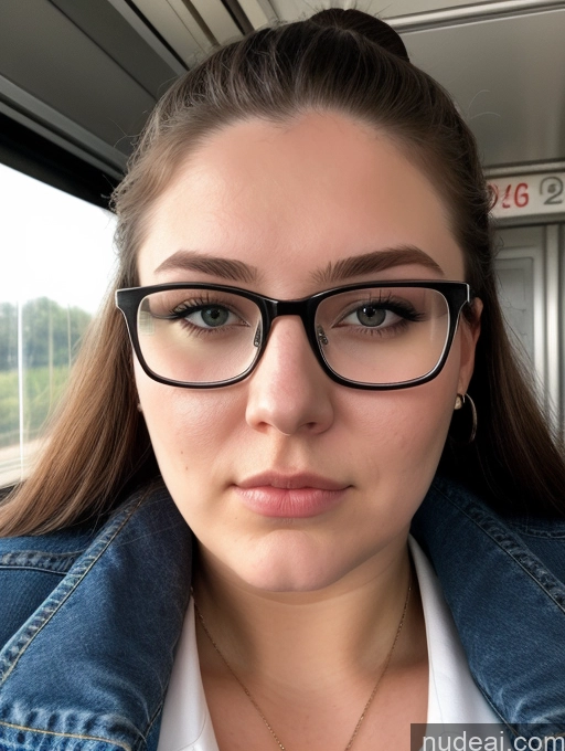 ai nude image of arafed woman wearing glasses and a denim jacket on a bus pics of Thick Chubby 18 Serious Black Hair Russian Train Detailed Fairer Skin Glasses Ponytail Jeans Jacket Cumshot