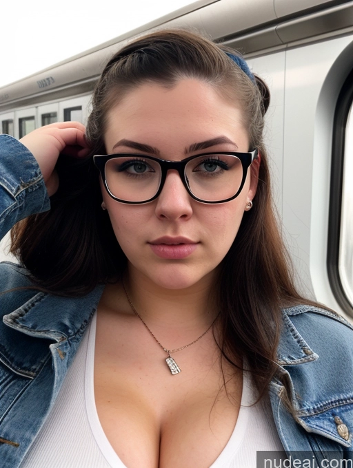 ai nude image of arafed woman with glasses and a denim jacket on a train pics of Thick Chubby 18 Serious Black Hair Russian Train Detailed Fairer Skin Glasses Ponytail Jeans Jacket Cumshot