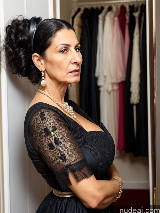 ai nude image of there is a woman standing in a closet with a dress on pics of Milf Huge Boobs Skinny Short 50s Angry Shocked Black Hair Hair Bun Jewish Front View Dress Traditional Victorian Pearl Jewelry Changing Room