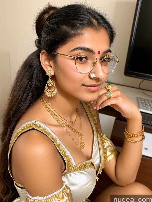 ai nude image of there is a woman with glasses and a gold necklace sitting in front of a computer pics of Sorority 18 Ponytail Indian Dirndl Gold Jewelry Jewelry Diamond Jewelry Thin Round Glasses