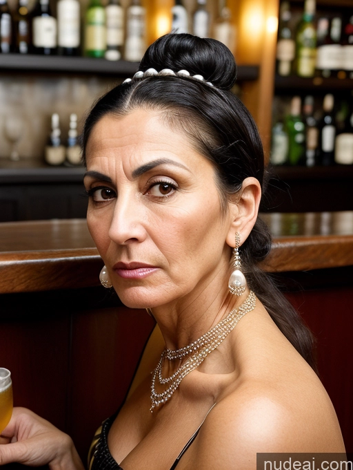 ai nude image of there is a woman sitting at a bar with a drink in her hand pics of Milf Huge Boobs Skinny Short 50s Angry Shocked Black Hair Hair Bun Jewish Front View Dress Traditional Victorian Pearl Jewelry Bar