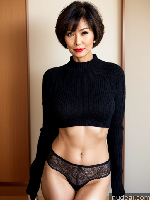 ai nude image of there is a woman in a black top and panties posing for a picture pics of Milf Perfect Boobs Beautiful Lipstick Perfect Body Pubic Hair Short Hair 60s Stockings Sweater Partially Nude Detailed Stylish Dark Lighting Japanese