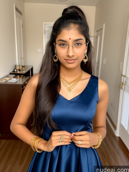 ai nude image of arafed woman in a blue dress and gold jewelry poses for a picture pics of Sorority 18 Ponytail Indian Gold Jewelry Jewelry Diamond Jewelry Thin Round Glasses Dress