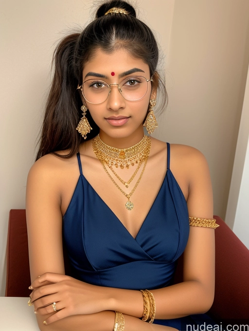 ai nude image of arafed woman in a blue dress sitting at a table with a gold necklace and earrings pics of Sorority 18 Ponytail Indian Gold Jewelry Jewelry Diamond Jewelry Thin Round Glasses Dress