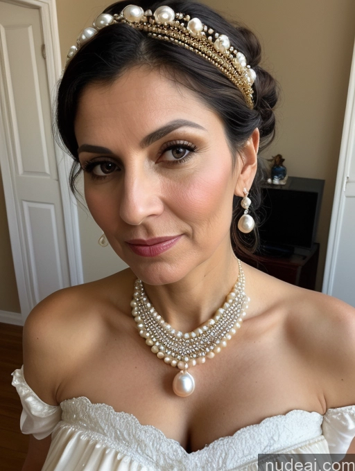 ai nude image of arafed woman wearing a white dress and a pearl necklace pics of Milf Huge Boobs Skinny Short 50s Shocked Black Hair Hair Bun Jewish Front View Dress Traditional Victorian Pearl Jewelry Sad Bedroom