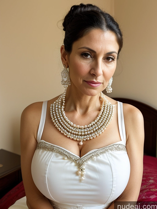 ai nude image of arafed woman in a white dress sitting on a bed pics of Milf Huge Boobs Skinny Short 50s Shocked Black Hair Hair Bun Jewish Front View Dress Traditional Victorian Pearl Jewelry Sad Bedroom