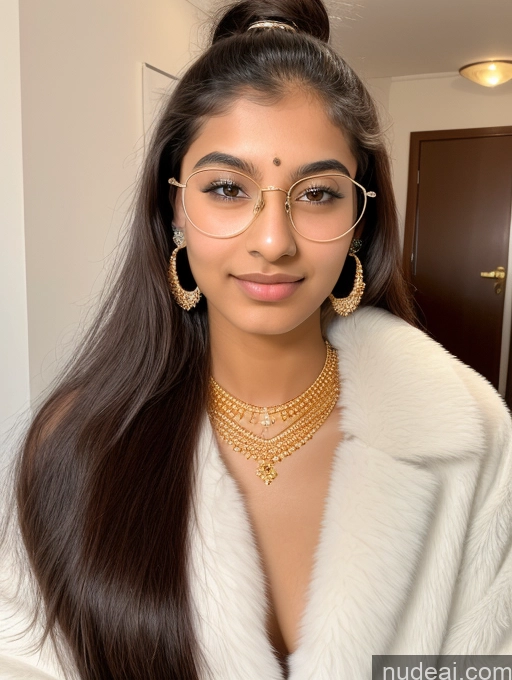 ai nude image of arafed woman wearing a white coat and glasses posing for a picture pics of Sorority 18 Ponytail Indian Gold Jewelry Jewelry Diamond Jewelry Thin Round Glasses Fur