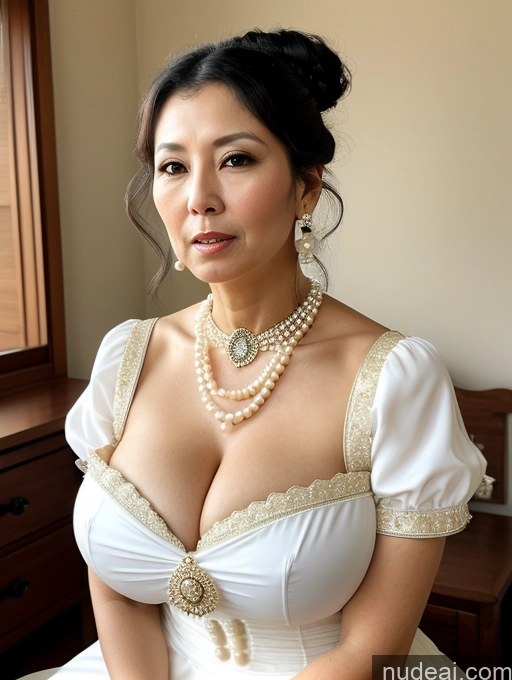 ai nude image of there is a woman in a white dress posing for a picture pics of Milf Huge Boobs Skinny Short 50s Shocked Black Hair Hair Bun Front View Dress Traditional Victorian Pearl Jewelry Sad Bedroom Japanese