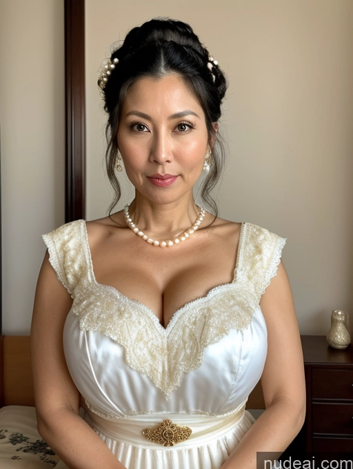 ai nude image of arafed woman in a white dress posing for a picture pics of Milf Huge Boobs Skinny Short 50s Shocked Black Hair Hair Bun Front View Dress Traditional Victorian Pearl Jewelry Sad Bedroom Japanese