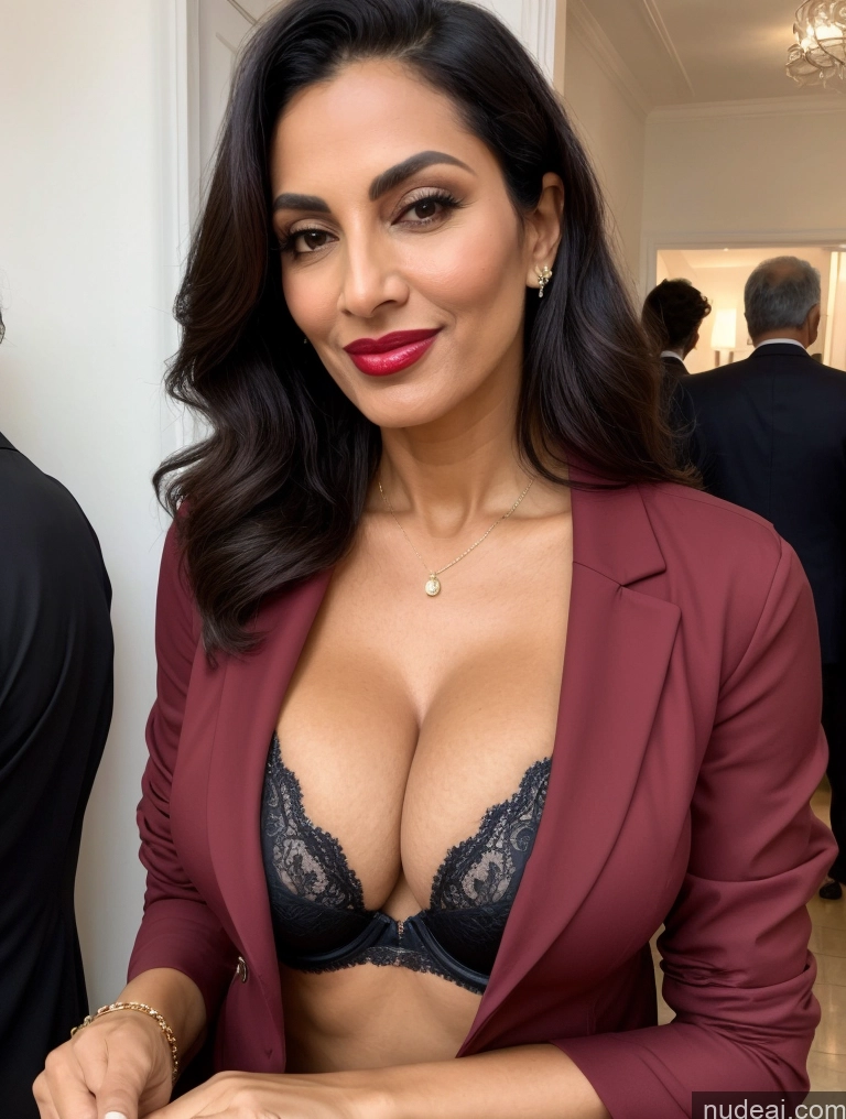 ai nude image of araffed woman in a red suit and black bra top pics of Milf Perfect Boobs Beautiful Lipstick Perfect Body Bra Jacket Professor Secretary Stylish Suit Detailed Sexy Face Party Dark Skin Cleavage Persian 50s