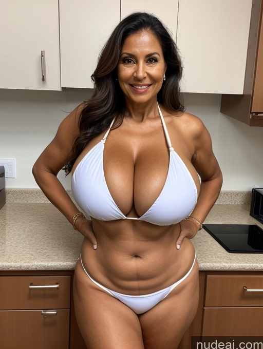 ai nude image of arafed woman in a white bikini posing in a kitchen pics of Milf One Busty Huge Boobs Tanned Skin Front View Microkini Thong Brazilian 70s Lab Coat Doctor