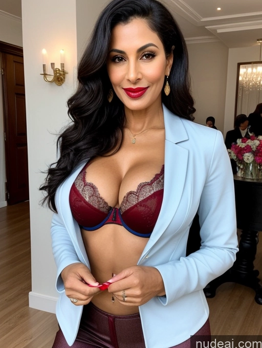 ai nude image of araffed woman in a blue jacket and red pants posing for a picture pics of Milf Perfect Boobs Beautiful Lipstick Perfect Body Bra Jacket Professor Secretary Stylish Suit Detailed Sexy Face Party Dark Skin Cleavage Persian 50s