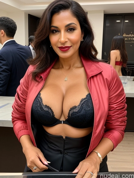 ai nude image of araffe woman in a red jacket and black skirt holding a laptop pics of Milf Perfect Boobs Beautiful Lipstick Perfect Body Bra Jacket Professor Secretary Stylish Suit Detailed Sexy Face Party Dark Skin Cleavage Persian 50s