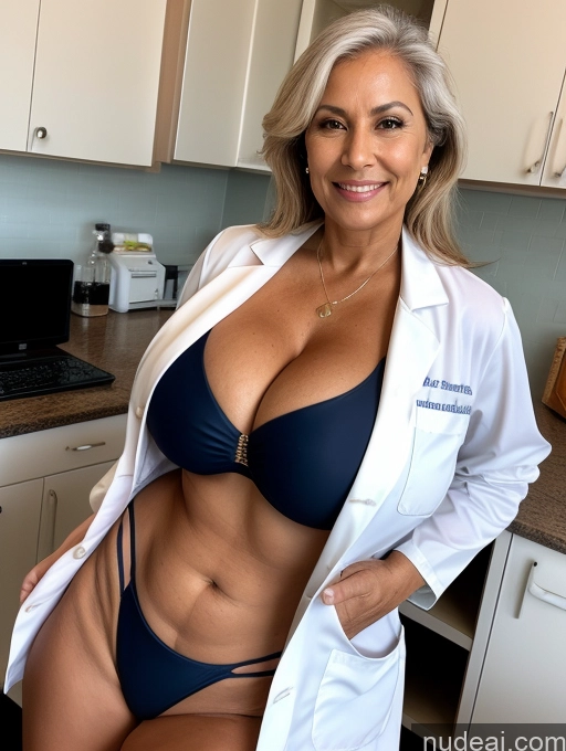 ai nude image of arafed woman in a lab coat posing for a picture pics of Milf One Busty Huge Boobs Tanned Skin Front View Microkini Thong Brazilian 70s Lab Coat Doctor