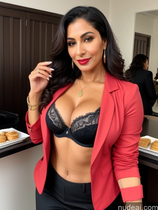 ai nude image of sexy woman in red blazer and black pants posing for a picture pics of Milf Perfect Boobs Beautiful Lipstick Perfect Body Bra Jacket Professor Secretary Stylish Suit Detailed Sexy Face Party Dark Skin Cleavage Persian 50s