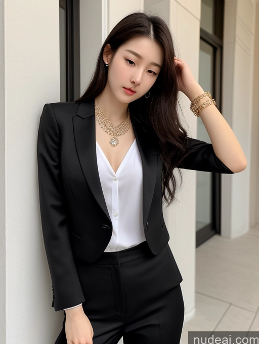 ai nude image of araffe woman in a black suit leaning against a wall pics of Several Small Tits Beautiful Skinny Fairer Skin 18 Black Hair Long Hair Korean Suit Jewelry Front View