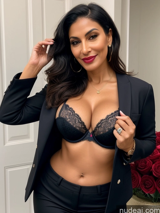 ai nude image of araffed woman in a black suit and red lipstick posing for a picture pics of Milf Perfect Boobs Beautiful Lipstick Perfect Body Bra Jacket Professor Secretary Stylish Suit Detailed Sexy Face Party Dark Skin Cleavage Persian 50s