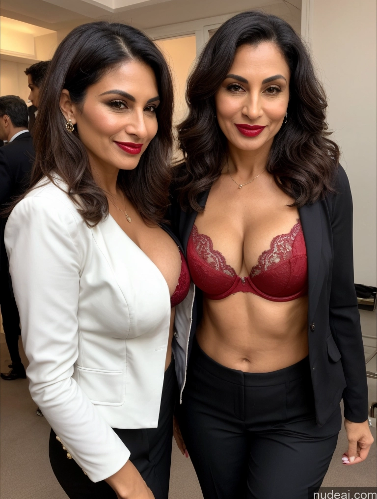 ai nude image of two women in black and white outfits posing for a picture pics of Milf Perfect Boobs Beautiful Lipstick Perfect Body Bra Jacket Professor Secretary Stylish Suit Detailed Sexy Face Party Dark Skin Cleavage Persian 50s