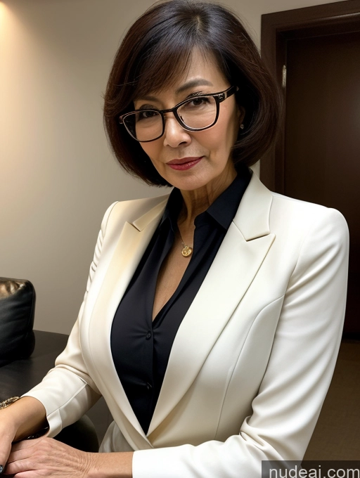 ai nude image of woman in white suit and black shirt sitting at a desk with a laptop pics of Milf Perfect Boobs Beautiful Glasses Perfect Body Pixie Chinese Party Blouse Bra Jacket Stylish Suit Cleavage Dark Lighting Detailed 70s