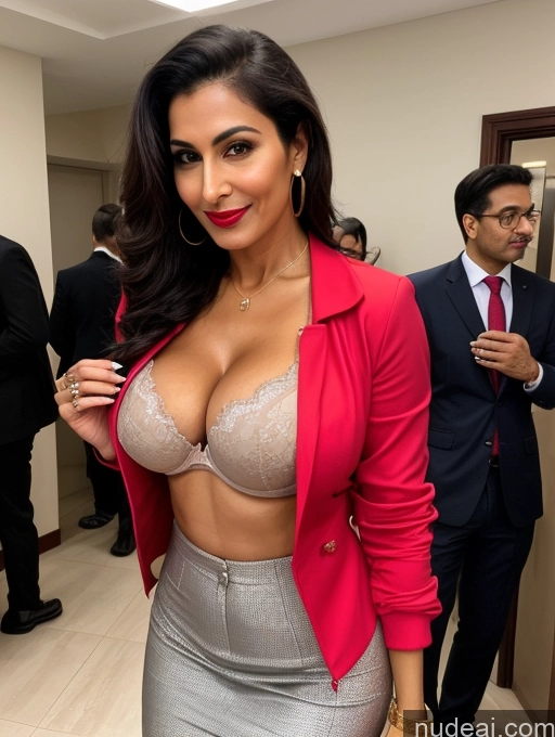 ai nude image of sexy woman in a red jacket and silver skirt posing for a picture pics of Milf Perfect Boobs Beautiful Lipstick Perfect Body Bra Jacket Professor Secretary Stylish Suit Detailed Sexy Face Party Dark Skin Cleavage Persian 50s