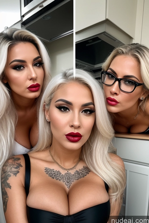 ai nude image of two women with glasses and a black bra top posing for a picture pics of Miss Universe Model Busty Huge Boobs Perfect Boobs Glasses Beautiful Tattoos Lipstick Big Ass Skinny Tanned Skin Shocked Sexy Face Pouting Lips White Hair Long Hair Russian Kitchen Cumshot High Heels