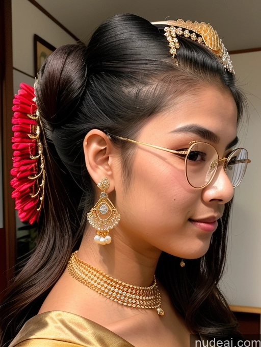 ai nude image of arafed woman wearing a gold dress and a gold tiable with pearls and a red flower in her hair pics of Sorority Beautiful 18 Ponytail Indian Geisha Thin Round Glasses Gold Jewelry Jewelry Diamond Jewelry