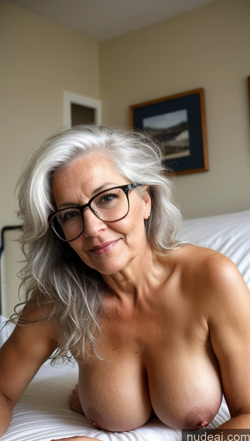 ai nude image of arafed woman with glasses laying on a bed with a book pics of Busty Perfect Boobs Glasses Big Ass 70s White Hair Messy Thick Bedroom Straddling Close-up View