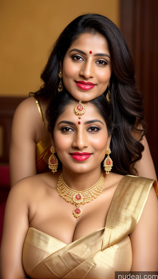 ai nude image of there are two women posing for a picture in a gold dress pics of Woman Busty Huge Boobs Beautiful Lipstick Fairer Skin Big Ass 50s Happy Sexy Face Black Hair Straight Indian Skin Detail (beta) Front View Bright Lighting Detailed Gold Jewelry Jewelry Simple Sari Traditional