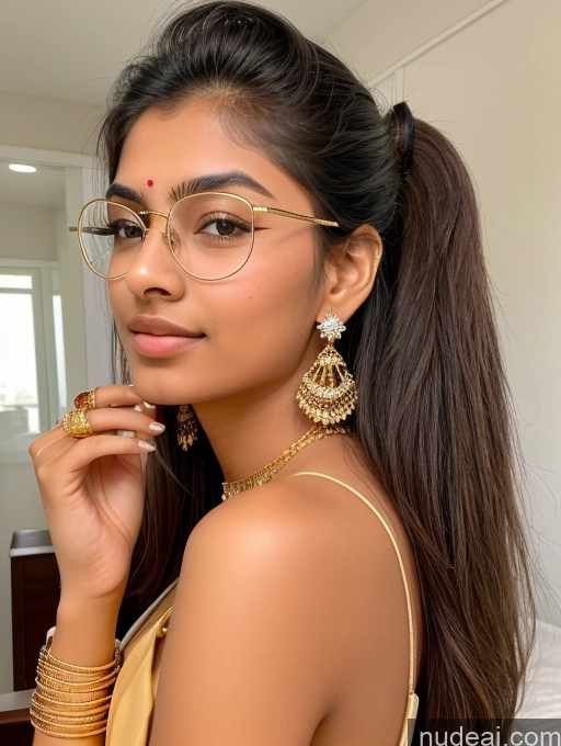 ai nude image of a close up of a woman wearing glasses and a gold necklace pics of Sorority Beautiful 18 Ponytail Indian Diamond Jewelry Gold Jewelry Jewelry Thin Round Glasses