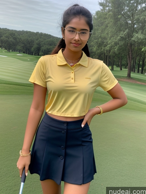 ai nude image of arafed woman in yellow shirt and blue skirt holding a golf club pics of Sorority Beautiful 18 Ponytail Indian Diamond Jewelry Gold Jewelry Jewelry Thin Round Glasses Golf