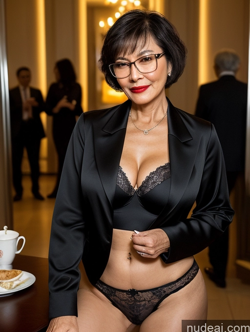 ai nude image of there is a woman in a black suit and glasses posing for a picture pics of Milf Perfect Boobs Beautiful Glasses Lipstick Perfect Body 70s Party Blouse Bra Jacket Professor Secretary Stylish Suit Cleavage Partially Nude Dark Lighting Detailed Chinese Short Hair