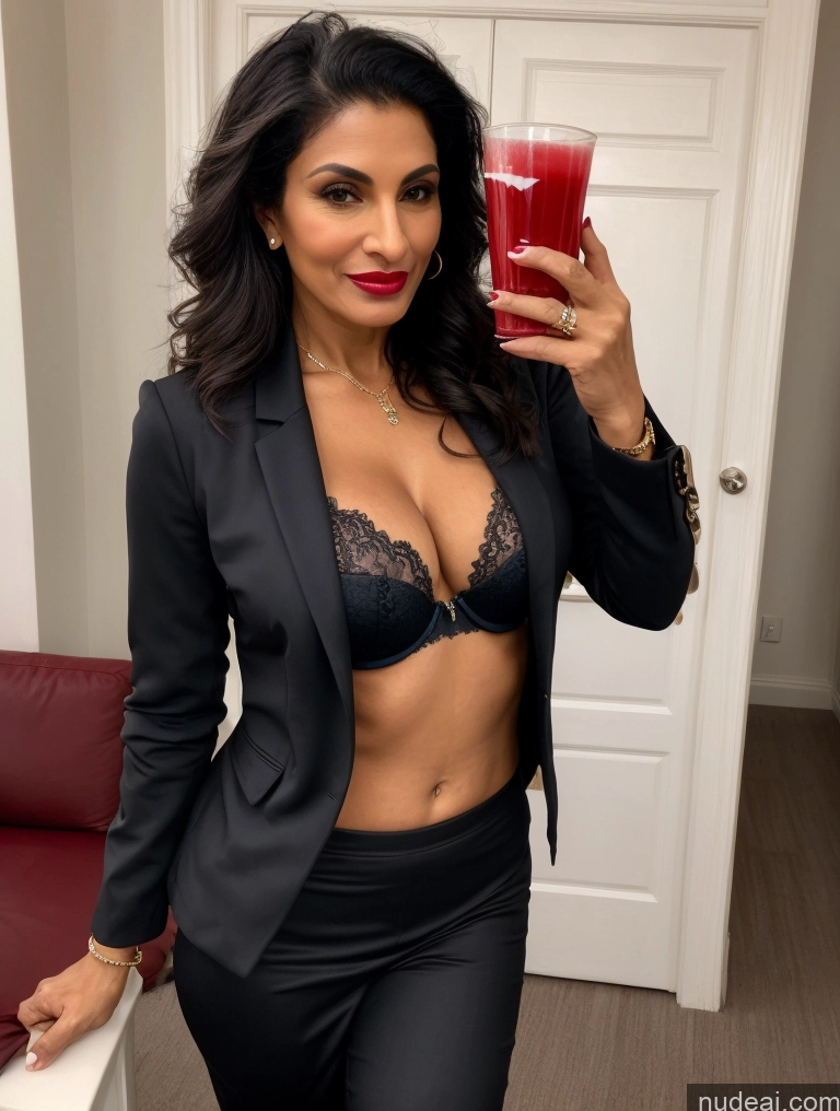 ai nude image of there is a woman in a black suit holding a glass of juice pics of Milf Perfect Boobs Beautiful Lipstick Perfect Body Dark Skin 50s Persian Party Bra Jacket Professor Secretary Stylish Suit Cleavage Detailed Sexy Face Two