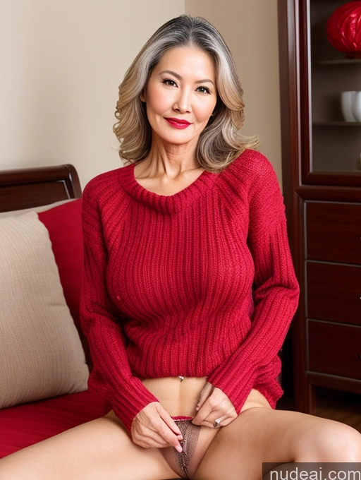 ai nude image of arafed woman in red sweater sitting on a bed with a red pillow pics of Milf Perfect Boobs Lipstick Skinny Pubic Hair Chinese Sweater Partially Nude Detailed