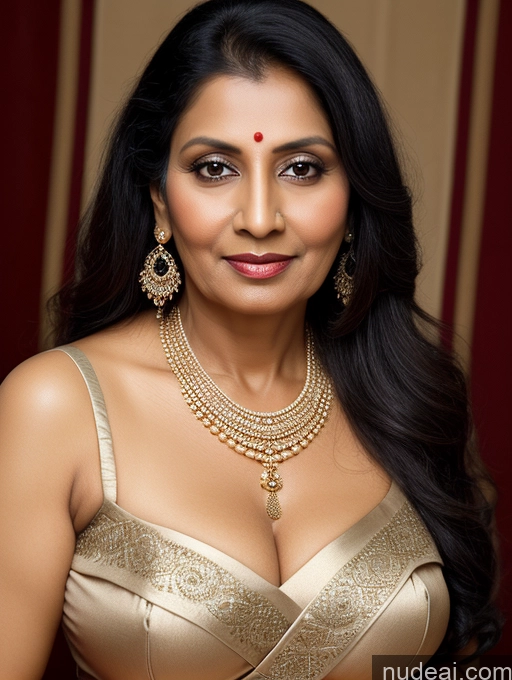 ai nude image of araffe woman in a gold dress with a necklace and earrings pics of 50s Black Hair Long Hair Indian Close-up View Sari Jewelry Milf One Busty