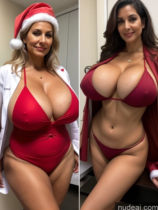 ai nude image of two pictures of a woman in a santa hat and a woman in a red bikini pics of Milf Busty Huge Boobs Tanned Skin 70s Front View Microkini Thong Brazilian Lab Coat Doctor Vampire Santa