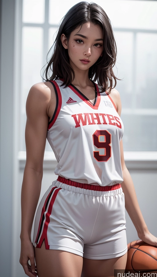 ai nude image of arafed woman in a white jersey holding a basketball ball pics of Beautiful Thick Perfect Body Long Legs Fairer Skin Bright Lighting White Sexy Face Black Hair Detailed Athlete Skin Detail (beta) Perfect Boobs Basketball Muscular