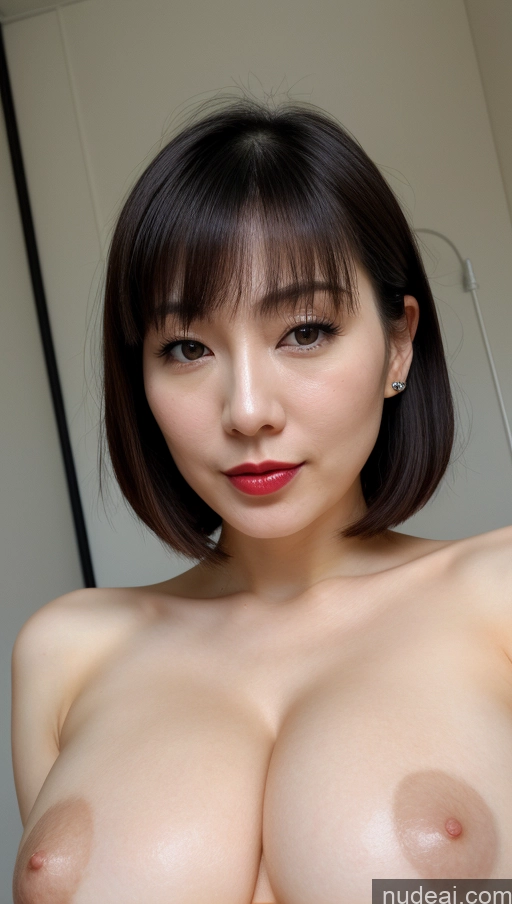 ai nude image of arafed asian woman with big breastes posing for a picture pics of Woman One Beautiful Lipstick Fairer Skin 30s Black Hair Close-up View Simple Detailed Huge Boobs Japanese Bobcut