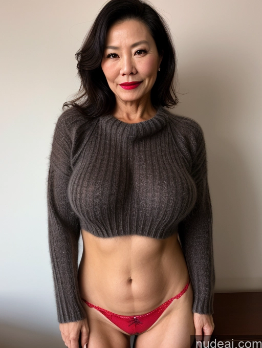 ai nude image of arafed asian woman in a gray sweater and red panties pics of Milf Perfect Boobs Lipstick Pubic Hair Chinese Sweater Partially Nude Detailed Dark Lighting