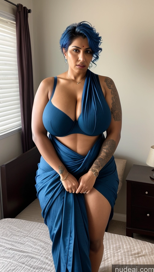 ai nude image of there is a woman with blue hair posing on a bed pics of Milf Big Ass Big Hips Indian Bedroom Sexy Face Busty Tattoos Tall Dark Skin Beautiful Angry 30s Front View T-pose Perfect Body Abs Thick Huge Boobs Blue Hair Sari Straight Bra