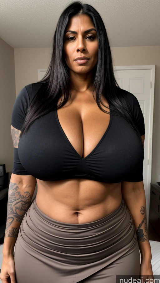 ai nude image of arafed woman with a big breast posing for a picture pics of Milf Big Ass Big Hips Indian Bedroom Sexy Face Busty Tattoos Tall Dark Skin Beautiful 30s Front View T-pose Perfect Body Abs Huge Boobs Angry Long Hair Muscular Long Skirt Black Hair