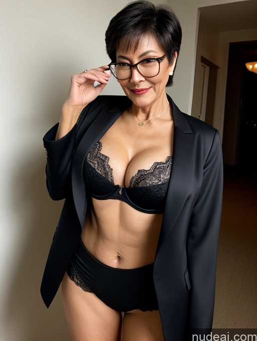 ai nude image of there is a woman in a black suit and glasses posing for a picture pics of Milf Perfect Boobs Beautiful Glasses Perfect Body 70s Pixie Chinese Party Blouse Bra Jacket Stylish Suit Cleavage Dark Lighting Detailed