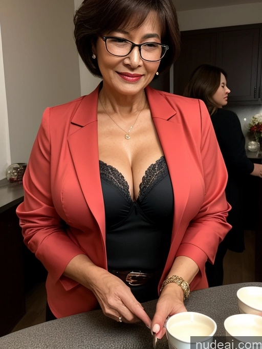 ai nude image of woman in red blazer cutting cake with cup of coffee pics of Milf Perfect Boobs Beautiful Glasses Perfect Body 70s Pixie Chinese Party Blouse Bra Jacket Stylish Suit Cleavage Dark Lighting Detailed