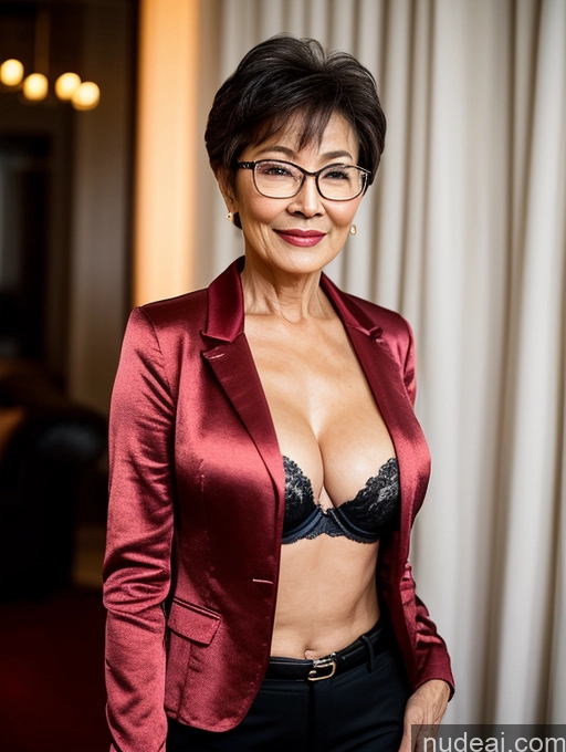 ai nude image of there is a woman in a red jacket and glasses posing for a picture pics of Milf Perfect Boobs Beautiful Glasses Perfect Body 70s Pixie Chinese Party Blouse Bra Jacket Stylish Suit Cleavage Dark Lighting Detailed