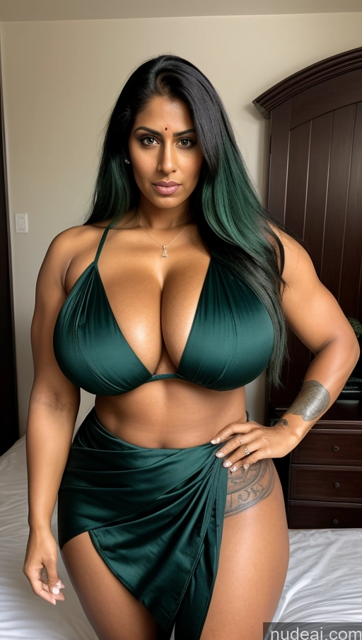 ai nude image of arafed woman in a green bikini posing on a bed pics of Milf Big Ass Big Hips Indian Bedroom Sexy Face Busty Tattoos Tall Dark Skin Beautiful 30s Front View T-pose Perfect Body Abs Huge Boobs Angry Long Hair Muscular Sari Green Hair