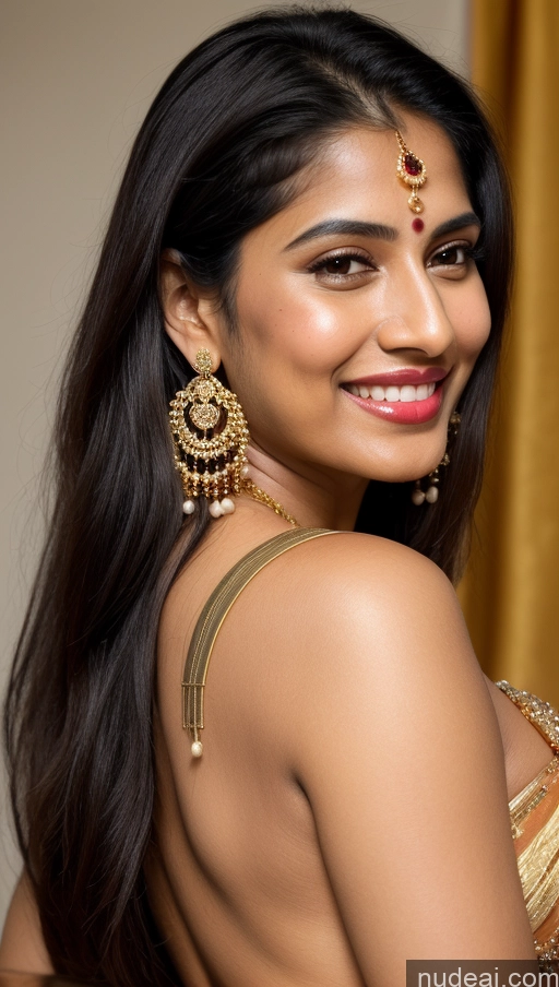 ai nude image of smiling woman in a gold sari with gold jewelry and earrings pics of Woman Huge Boobs Perfect Boobs Busty Beautiful Lipstick Big Ass Fairer Skin 50s Happy Sexy Face Black Hair Long Hair Indian Skin Detail (beta) Close-up View Sari Gold Jewelry Jewelry Bright Lighting Detailed Simple